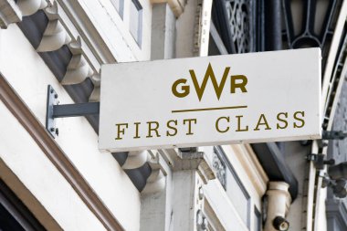 London, England, UK - 28 June 2023: Sign above the entrance to the Great Western Railway GWR first class lounge at London Paddington railway station clipart