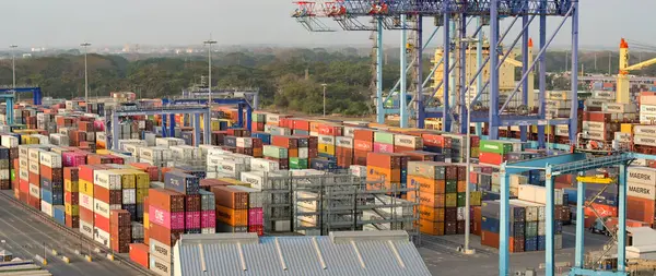 Puerto Quetzal, Guatemala - 19 Ocak 2024: Ülkenin ana liman terminalindeki vinç ve nakliye konteynırlarının panoramik görünümü.