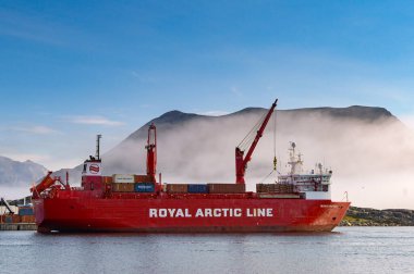 Nanortalik, Greenland - 27 August 2024: Cargo supply ship Irena Arctica moored in the town's harbour. The vessel is operated by the Royal Arctic Line. clipart