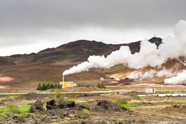 Hver, İzlanda - 24 Ağustos 2024: İzlanda 'da Hver yakınlarında bir jeotermal enerji santralinin bacalarından buhar yükseliyor