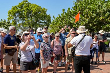 Cartagena, Kolombiya - 24 Ocak 2024: Cartagena şehir merkezi yakınlarındaki bir turistik bölgede bir turist rehberini dinleyen bir yolcu grubu