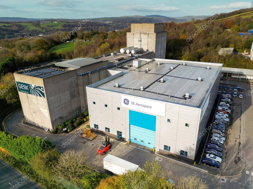 Nantgarw, near Cardiff, Wales, UK - 12 November 2024: Aerial view of the GE Aviation aircraft engine overhaul plant in south Wales