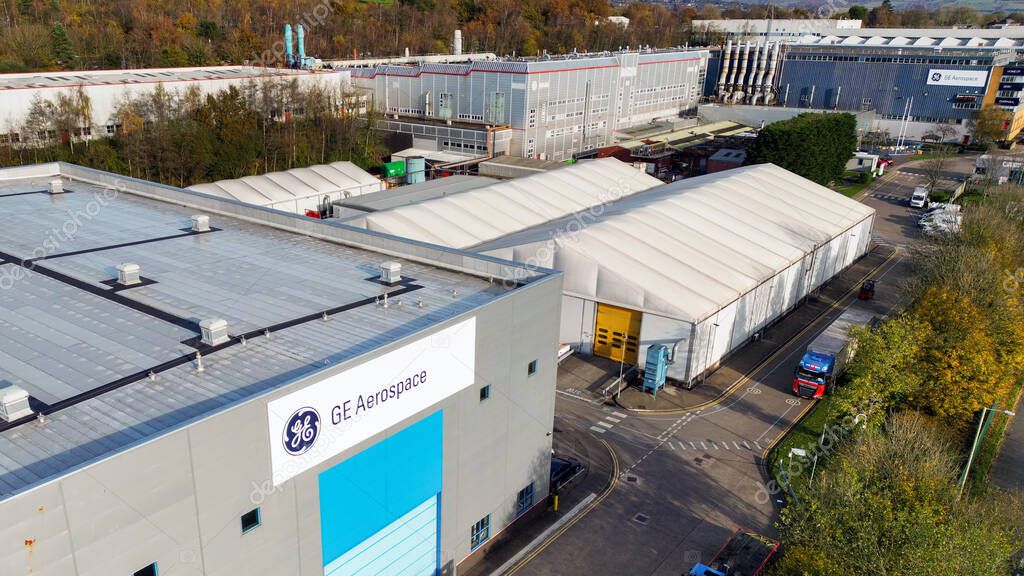 Nantgarw, near Cardiff, Wales, UK - 12 November 2024: Aerial view of the GE Aviation aircraft engine overhaul plant in south Wales
