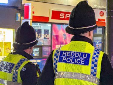 Cardiff, Wales, İngiltere - 17 Kasım 2024: Güney Galler Polisi 'nin gece şehir merkezinde görevli memurlarının arka görüşü