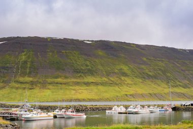 Sudureyri, İzlanda - 25 Ağustos 2024: Kuzey İzlanda 'daki uzak Sudureyri kasabasının Sdmall limanında demirlemiş balıkçı teknelerinin manzarası