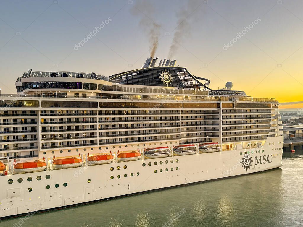 Le Havre, France, Europe - 4 January 2025: Cruise ship MSC Preziosa docked in the port of Le Havre in early morning light