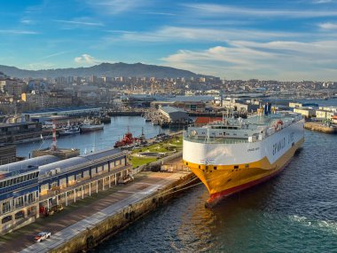 Vigo, İspanya - 14 Ocak 2025: Araç taşıyıcı gemisi Grande Napoli Vigo limanına yanaştı. Taşıyıcı Grimaldi Hatları tarafından çalıştırılıyor..