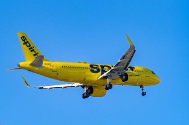 Miami, Florida, ABD - 4 Ocak 2025: Airbus A320 jeti (ruhsat numarası N974NK) Miami Uluslararası Havaalanı 'na inmek üzere olan Spirit Havayolları tarafından işletilmektedir.