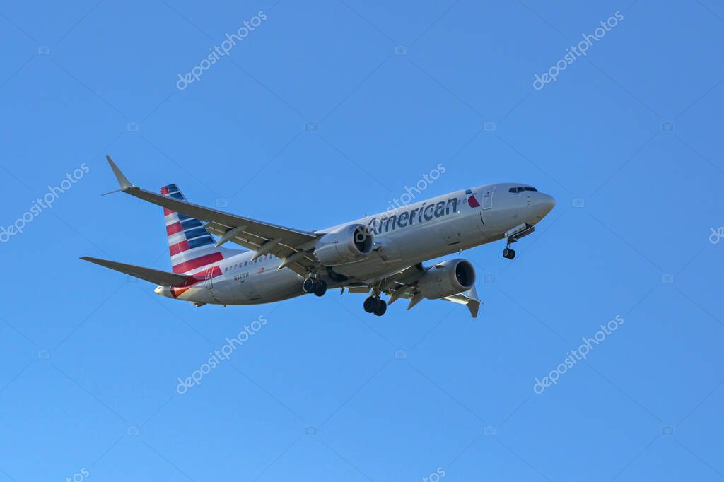 Miami, Florida, USA - 4 January 2025: American Airlines Boeing 737 Max 8 (registration N341RW) approaching Miami International Airport.