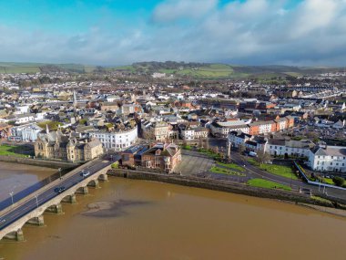 Barnstable, Devon, England, UK - 22 February 2025: Aerial view of Barnstable with the town's museum and Albert Clock tower in the foreground clipart