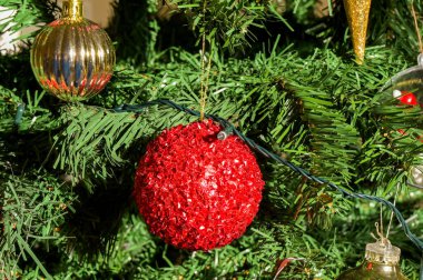 Büyük kırmızı bir mücevher ve diğer süslemelerle Noel ağacı. Kimse yok..
