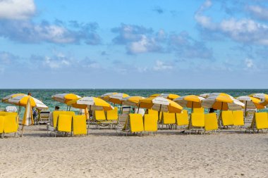 Miami, Florida, ABD - 1 Aralık 2023 Miami Güney Sahili 'nde plaj unbrellaları ve güneş yatakları