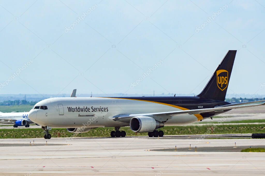 Denver, Colorado, USA - 5 June 2025: Boeing 767 cargo jet (registration N350UP) operated by UPS United Parcel Service taxiing after landing at Denver International Airport.