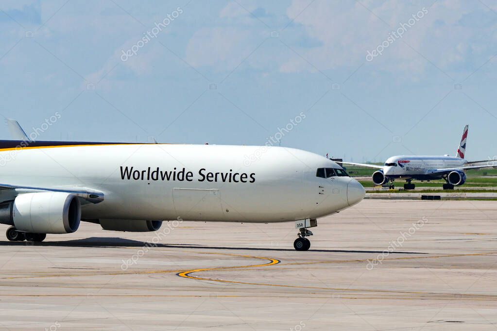 Denver, Colorado, USA - 5 June 2025: Boeing 767 cargo jet (registration N350UP) operated by United Parcel Service UPS taxiing after landing at Denver International Airport.