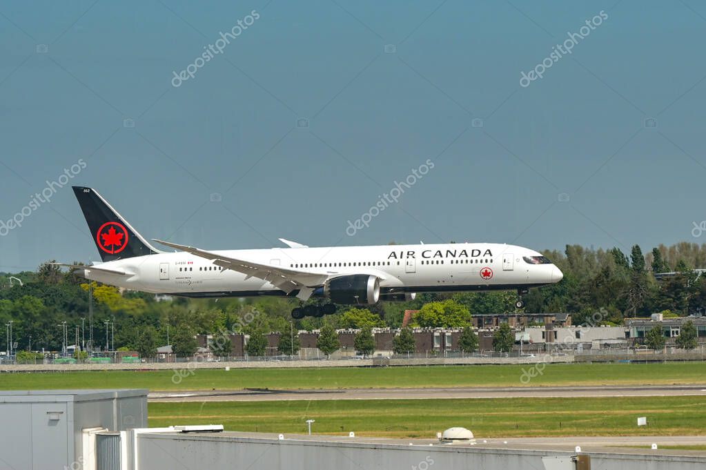 London, England, UK - 20 May 2025: Boeing 787 Dreamliner (registration C-FEGI) about to land at London Heathrow Airport