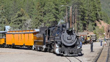 Rockwood, Colorado, ABD - 24 Mayıs 2025: Durango ve Silverton dar göstergeli demiryolu Rockwood 'da 493 numaralı vintage buhar motoru