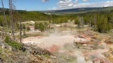 Yellowstone Ulusal Parkı 'ndaki Sanatçılar Paintpots Yolu' ndaki dumanı tüten fümerollerin ve kaplıcaların manzarası.. 