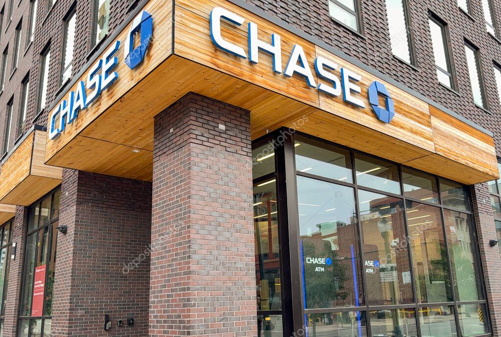 Denver, Colorado, USA - 2 June 2025: Exterior view of the branch of Chase Bank in downtown Denver