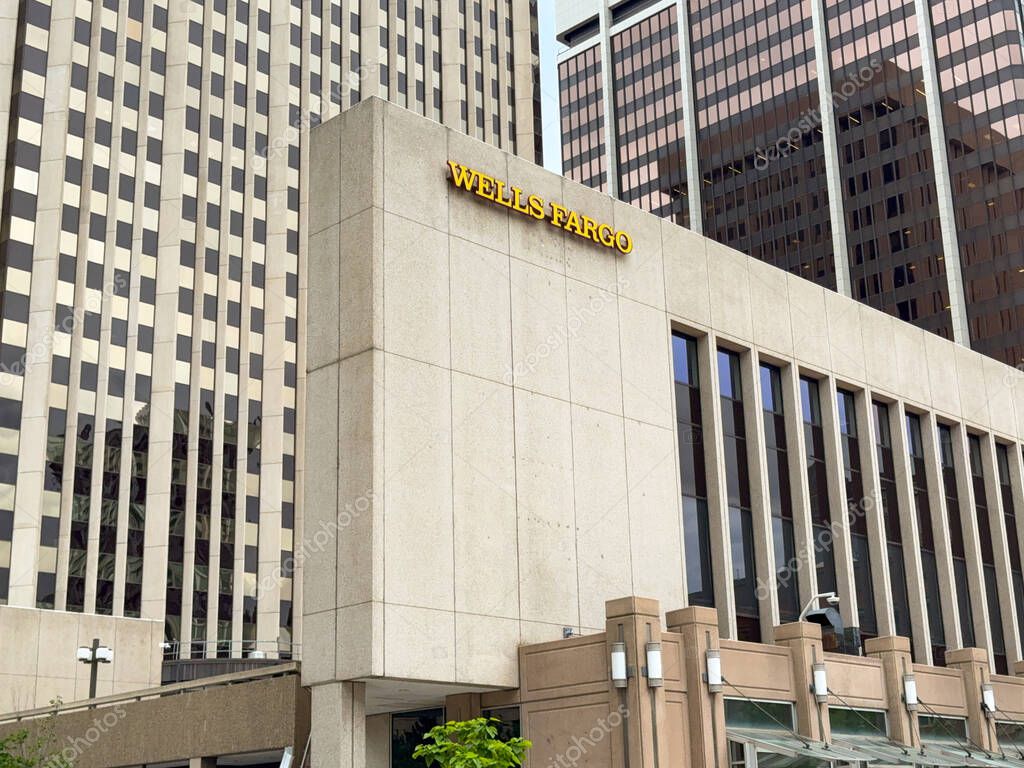 Denver, Colorado, USA - 2 June 2025: Exterior view of the offices of Wells fargo in downtown Denver