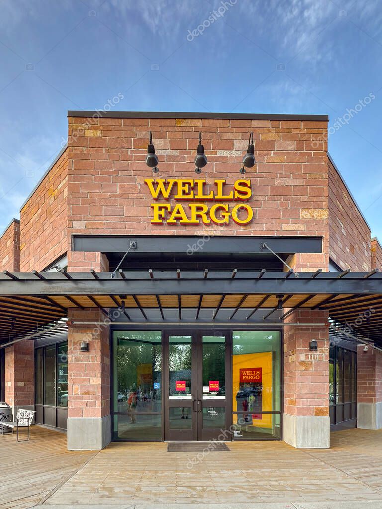 Jackson, Wyoming, USA - 27 May 2025: Front exterior view of the entrance to the branch of the Wells Fargo bank in the town centre