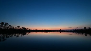 Everglades Ulusal Parkı, Florida 'da gölet üzerinde alacakaranlık ve gece saatleri. Yıldızlar ve uçak trafiği 4K ile birlikte..