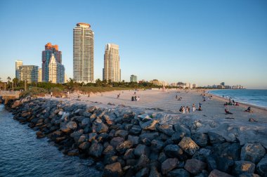 Miami Beach, Florida - January 7, 2023 - Residential towers on South Pointe in early morning light on clear cloudless sunny day.