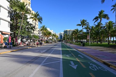 Miami Beach, Florida - January 7, 2023 - Art deco hotels on Ocean Drive in South Beach on clear cloudless sunny morning..