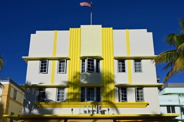 Miami Beach, Florida - January 7, 2023 - Art deco hotel on Ocean Drive in South Beach on clear cloudless sunny morning..