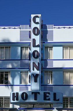Miami Beach, Florida - January 7, 2023 - Art deco hotel on Ocean Drive in South Beach on clear cloudless sunny morning..