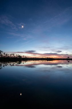 Moon and colorful twilight cloudscape over and reflected in Pine Glades Lake in Everglades National Park, Florida..