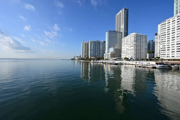 Bostadstorn Reflekteras Lugnt Vatten Biscayne Bay Miami Florida Solig Klar — Stockfoto