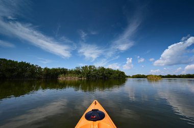 Güneşli bir nisan öğleden sonra Florida Everglades Ulusal Parkı 'ndaki Nine Mile Pond' da turuncu kano sakin su altında yansıdı..