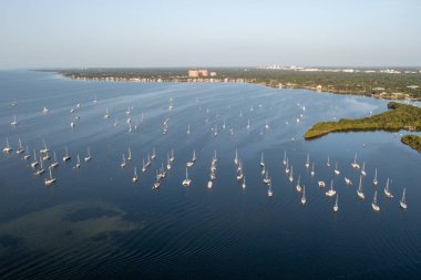 Coconut Grove, Miami, Florida 'da akşam yemeği için demirlemiş teknelerin hava görüntüsü bulutsuz bir yaz sabahında.