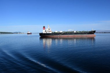Kargo gemileri açık güneşli yaz sabahında Port Angeles Limanı, Washington 'da demirlediler..