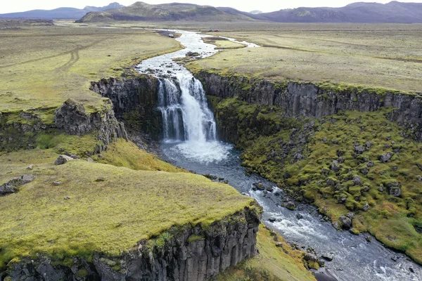 Aerial View Waterfall Volcanic Plains Fjallabak Nature Reserve Iceland Sunny — Stock Photo, Image