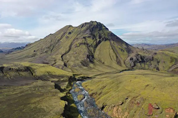 Вид Повітря Вулкан Річку Природному Заповіднику Фіаллабад Ісландія Сонячний Осінній — стокове фото