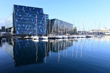 Reykjavik, İzlanda - 4 Eylül 2023 - Harpa Konser Salonu ve marina güneşli bir sonbahar sabahı Reykjavik Limanı 'nın sakin sularına yansıdı.