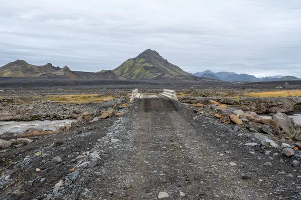晴れた秋の雲の下のアイスランド高原のフィヨルバック自然保護区の険しい汚れと溶岩道路 — ストック写真
