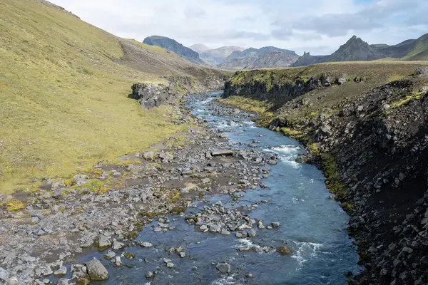 River Amidst Volcanic Landscape Fjallabak Nature Reserve Icelandic Highlands Sunny Stock Picture