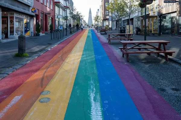 Reykjavik Islandia September 2023 Jalan Rainbow Pusat Kota Pada Dini Stok Lukisan  