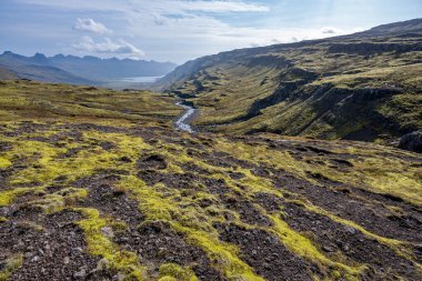 Berufjardara nehir vadisi ve Fossarfell dağı, İzlanda 'nın doğusundaki 939 no' lu karayolundan güneşli bir sonbahar sabahında..