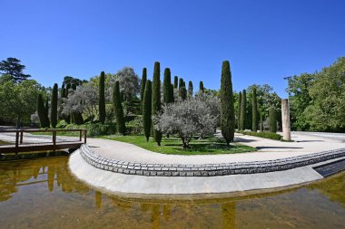 Madrid, İspanya - 13 Nisan 2024 - Güneşli bahar sabahı El Retiro Park 'ta Anma Ormanı.