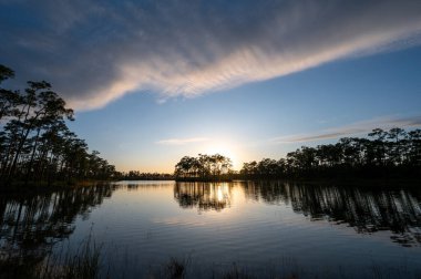 Florida, Everglades Ulusal Parkı 'ndaki Long Pine Key gölünün sakin sularına yansıyan sakin günbatımı.