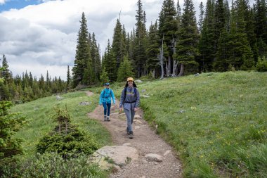 Brainard Lake Rekreasyon Bölgesi 'ndeki Isabelle Gölü' nde iki yürüyüşçü güneşli bir yaz öğleden sonrasında Colorado 'da..