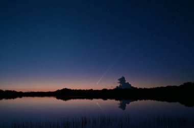 Kuyrukluyıldız Tsuchinshan-ATLAS, Florida, Everglades Ulusal Parkı 'ndaki Nine Mile Pond' un sakin suları üzerinde doğudan yükseliyor..