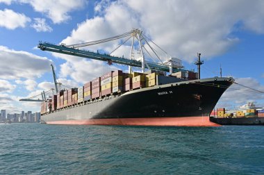 Miami, Florida - 8 Aralık 2024: Konteynır güneşli bir öğleden sonra Miami Limanı 'nda kargo taşıyor.