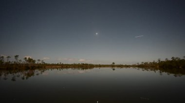 Venüs 'ün zamanı, yıldızlar ve hava trafiği Everglades Ulusal Parkı, Florida' daki Pine Glades Gölü üzerinde dolunay altında 4K.