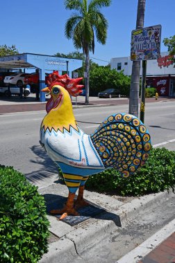 Miami, Florida - 12 Nisan 2025 Calle Ocho 'da Little Havana bölümünde boyalı büyük renkli horoz heykelleri.