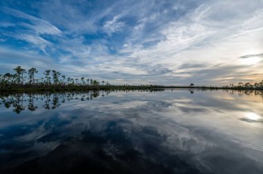 Florida, Everglades Ulusal Parkı 'ndaki Pine Glades Gölü üzerindeki karmaşık günbatımı bulutları gölün sakin sularına yansıyor..
