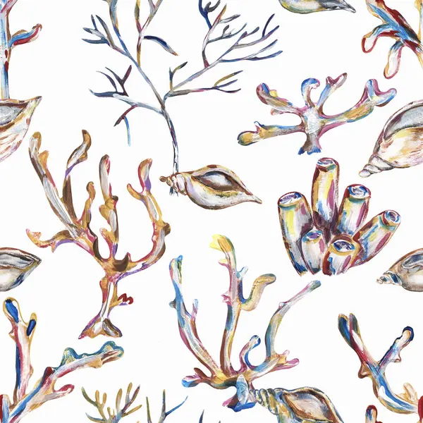 Acrylic hand painted sea shells and corals seamless pattern, graphic ocean life repeat paper